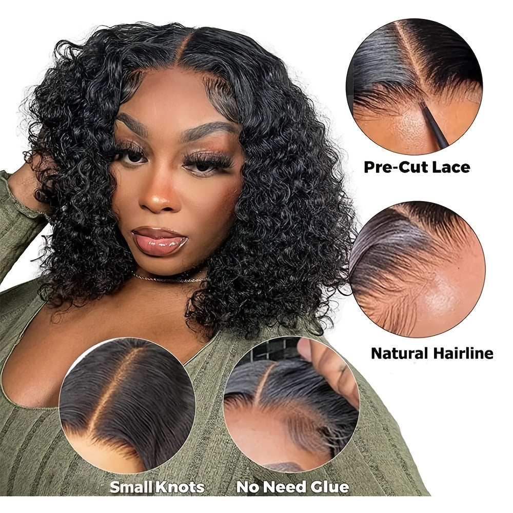 4x4 Put On And Go Glueless Bob Wig Human Hair Curly For Women Kinky Curly Lace Front Wig Human Hair Pre Plucked Pre Cut Lace Ready To Wear 180% Density Natural Black